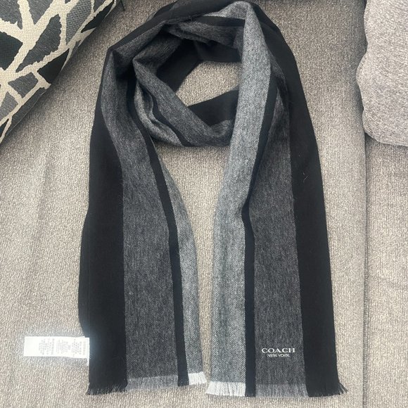 NWT COACH CASHMERE Black/Charcoal Stripe Varsity Sport Muffler F76059 - Picture 6 of 6